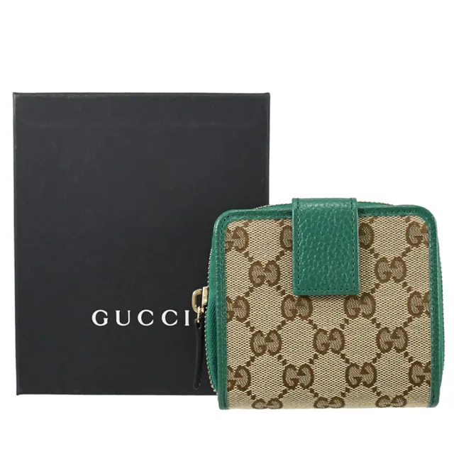 【GUCCI 古馳】經典雙G緹花布皮飾邊扣式短夾(駝/綠邊)