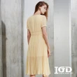 【IGD 英格麗】速達-網路獨賣款-小方格雪紡綁帶收腰百褶洋裝(黃色)