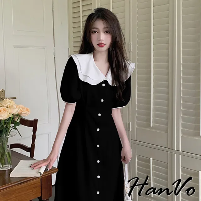 【HanVo】現貨 氣質雙層娃娃領直排釦洋裝(優雅別緻縮腰修身洋裝 韓系女裝 女生衣著 3708)