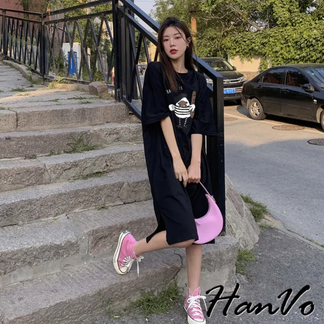 【HanVo】現貨 逗趣麵包雞短袖長洋裝(舒適親膚柔軟休閒連衣裙 韓系女裝 女生衣著 A06-3704)