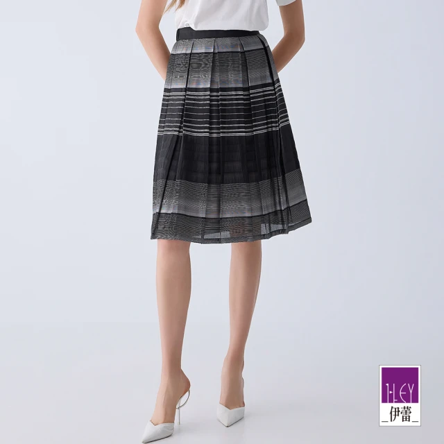 【ILEY 伊蕾】黑白線條合摺紗裙(黑色；M-XL；1242012142)
