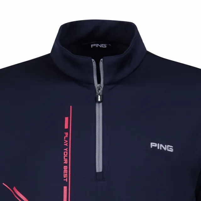 【PING】男款滿版LOGO吸濕排汗抗UV立領長袖POLO衫-深藍(GOLF/高爾夫球衫/PA23226-58)
