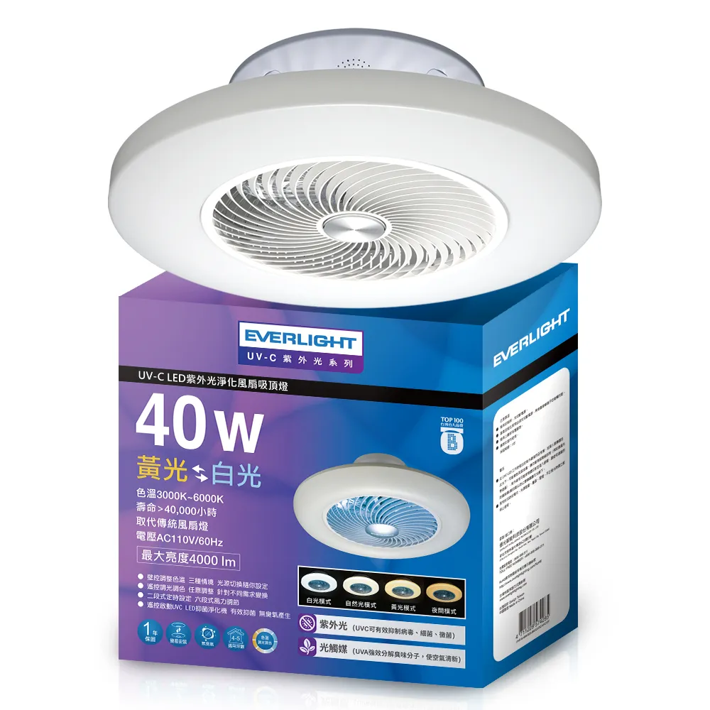 【Everlight 億光】63W UV-C LED 紫外光空氣淨化風扇吸頂燈