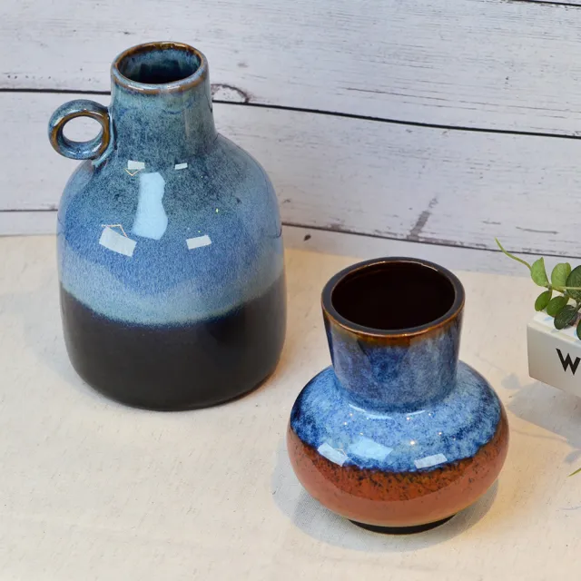 【YU Living 信歐傢居】陶瓷窄口圓圈提把窯變釉花瓶(藍色/花器 桌上擺飾)