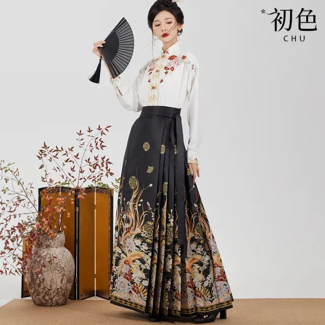 【初色】中華風高腰復古印花馬面裙半身裙長裙-共3色-32772(M-XL可選)