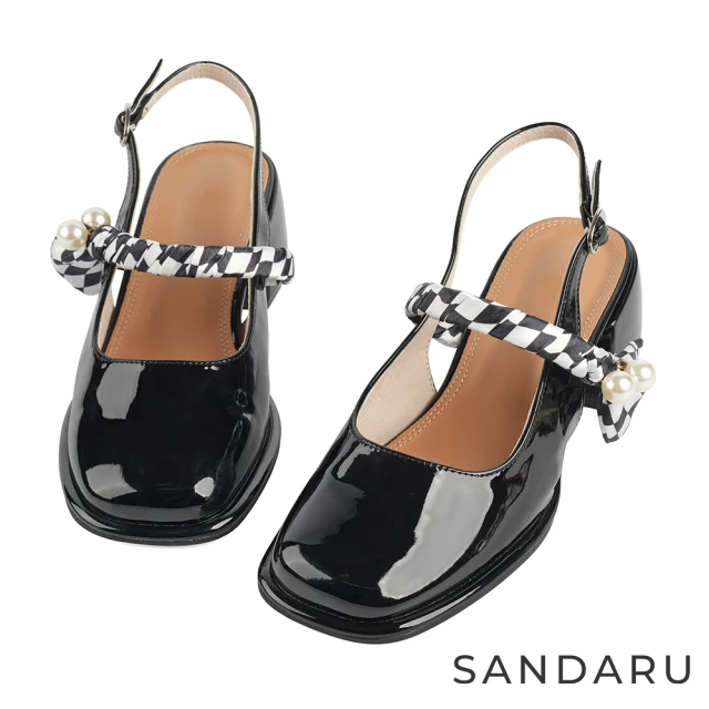 SANDARU 山打努 瑪莉珍 格紋緞帶珍珠後空中跟鞋(黑)
