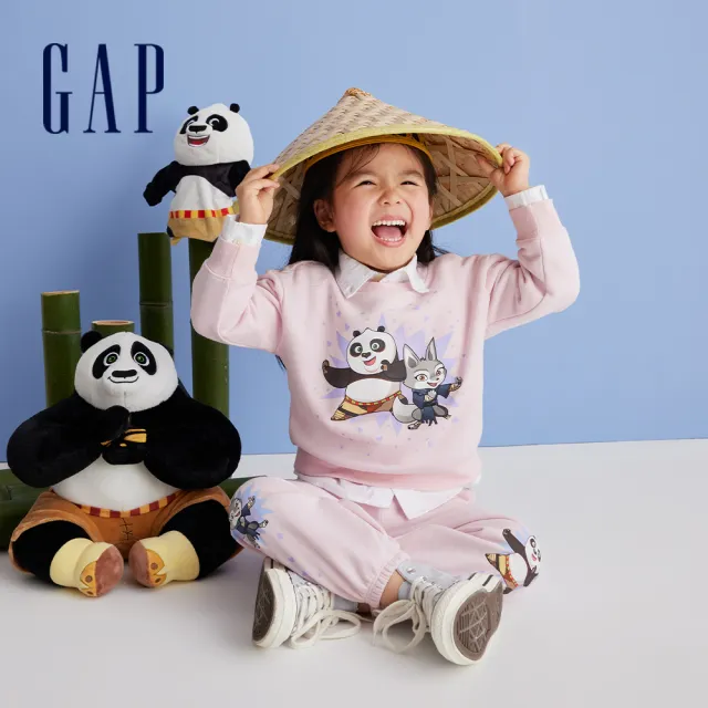 【GAP】女幼童裝 Gap x 功夫熊貓聯名 Logo印花圓領大學T-淺粉色(892279)