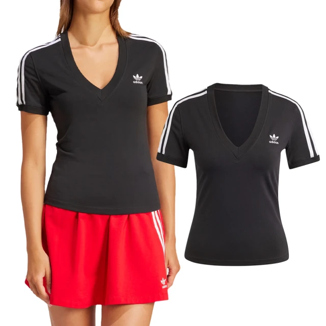 adidas 愛迪達 3 S V-neck Tee 女款 黑色 三條紋 V 領 修身 上衣 運動 休閒 短袖 IU2416