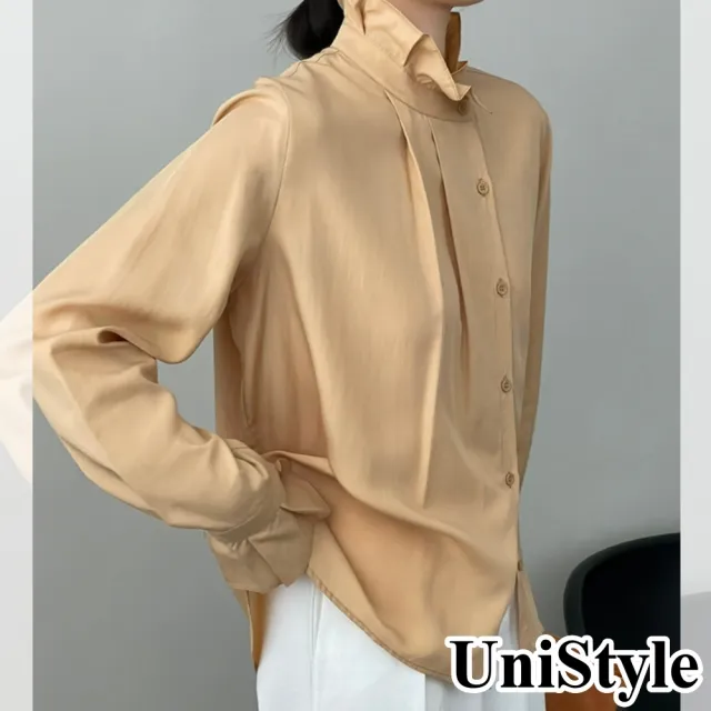 【UniStyle】立領長袖襯衫 韓版純色木耳邊設計感 女 WT5579(黃)