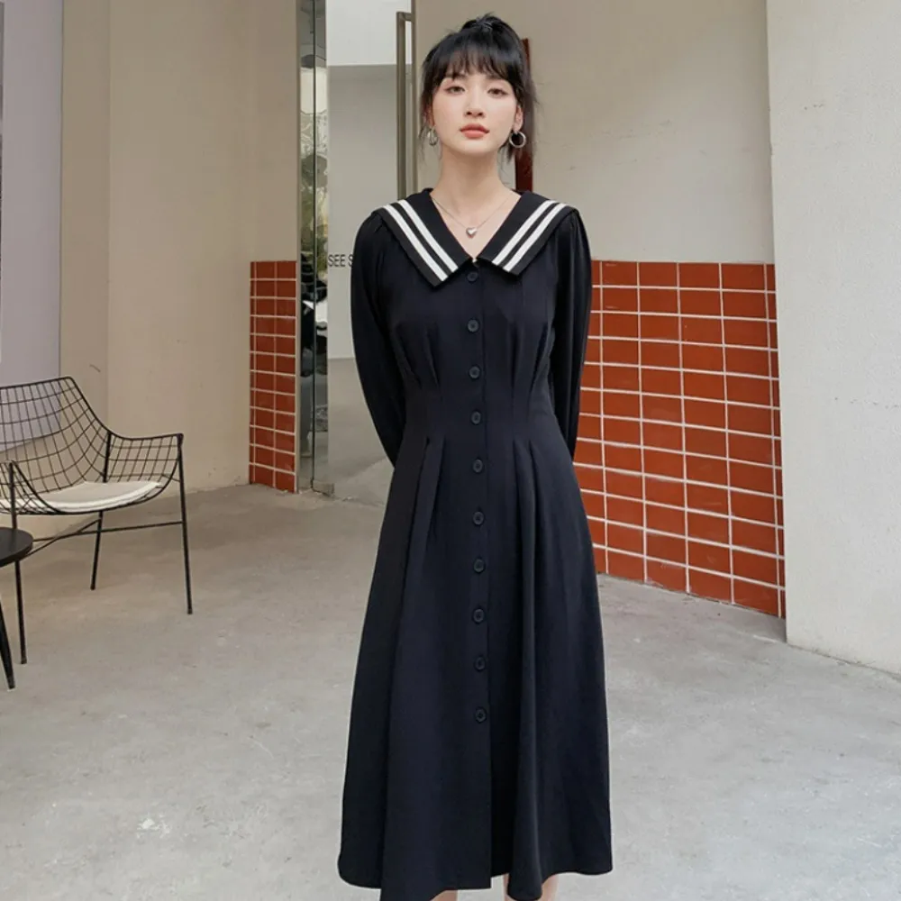 【UniStyle】海軍領長袖洋裝 韓系復古收腰連身裙 女 ZM131-9082(黑)