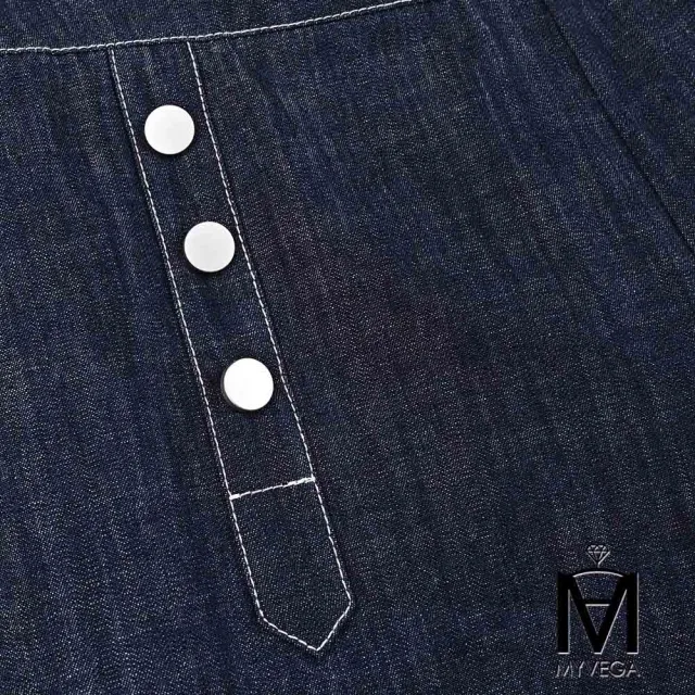 【MYVEGA 麥雪爾】MA高含棉造型排釦八分牛仔寬褲-藍(2024春夏新品)