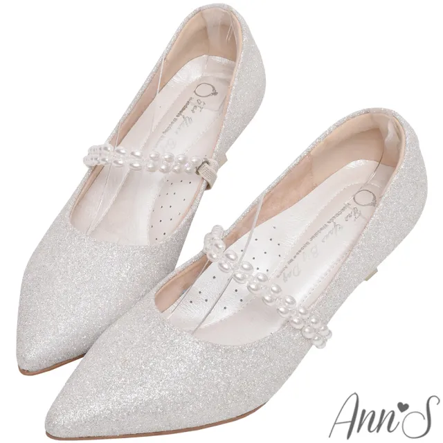【Ann’S】韓系小甜蜜-可拆式珍珠鍊帶兩穿電鍍低跟尖頭婚鞋5cm(白)