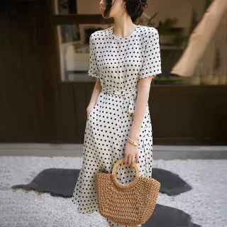 【初色】現貨 清涼感圓點印花系帶收腰圓領短袖連身中長裙洋裝-共2色-67816(M-2XL可選/快速出貨)