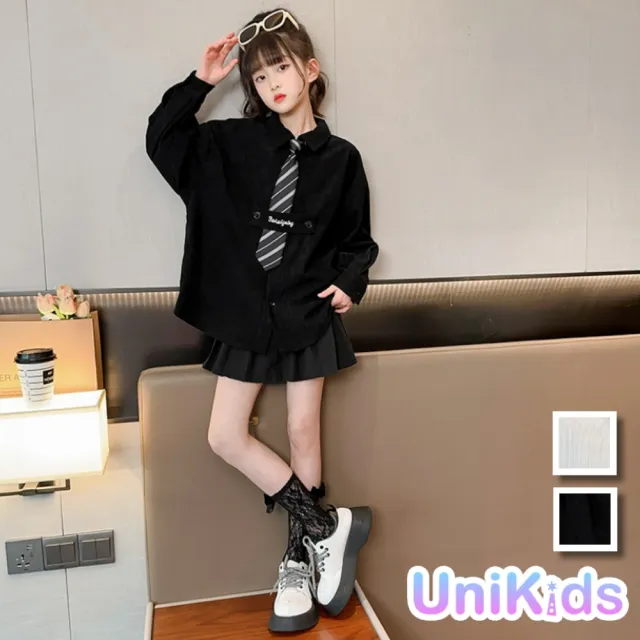 【UniKids】中大童裝長袖襯衫 韓版條紋學院風 女大童裝 CVASM2302(米白 黑)