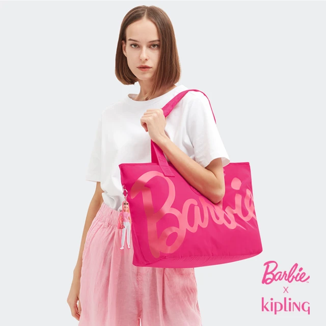 KIPLING官方旗艦館 KIPLING x BARBIE 活力粉色大容量拉鏈托特包-JACEY M