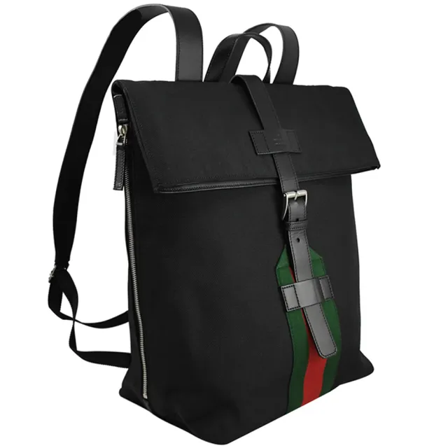 【GUCCI 古馳】經典綠紅綠織帶帆布折疊旅用包後背包(黑 大款)