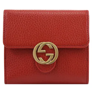 【GUCCI 古馳】金屬雙G LOGO小牛皮雙面雙層扣式零錢短夾(紅)