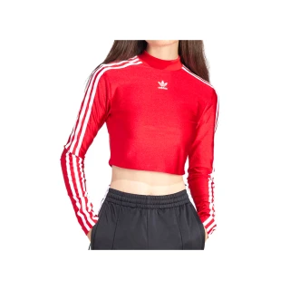 【adidas 愛迪達】3 S Cropped Ls 女款 紅色 三葉草 短版 小高領 上衣 運動 休閒 長袖 IR8132