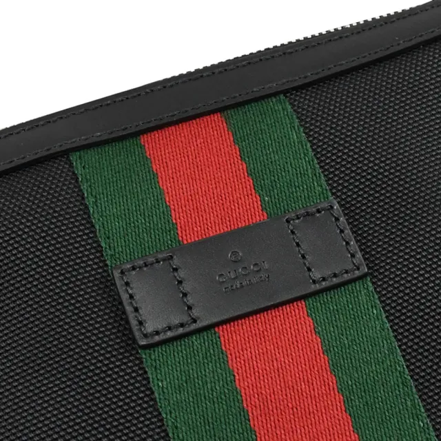 【GUCCI 古馳】新版經典LOGO綠紅綠織帶帆布方包斜背包(黑)