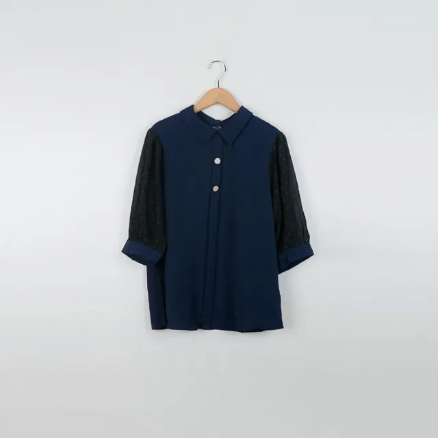 【MASTINA】拼接雪紡氣質短袖襯衫(深藍 粉 綠)