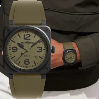 【Bell&Ross】BR03軍風啞光陶瓷方形機械腕錶-41mm綠(BR03A-MIL-CE/SRB)