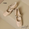 【J&H collection】法式一字緞帶珍珠低粗跟瑪莉珍鞋(現+預 杏色 / 卡其色)