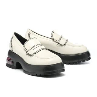 【MISS 21】潮酷撞色車線大方頭便仕樂福澎澎厚底鞋(米白)