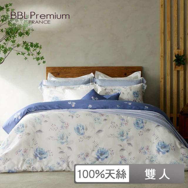 BBL Premium 100%天絲印花床包被套組-心動藍玫