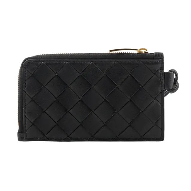 【BOTTEGA VENETA 寶緹嘉】L 型金色拉鍊小羊皮編織附鑰匙釦卡包/零錢包(黑色)
