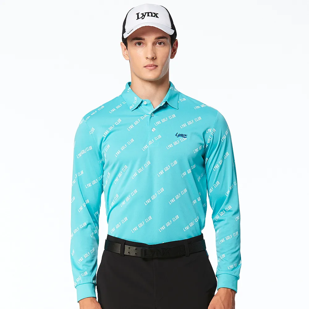 【Lynx Golf】男款吸濕排汗抗UV機能滿版Lynx Golf Club字樣印花長袖POLO衫/高爾夫球衫(湖水綠色)