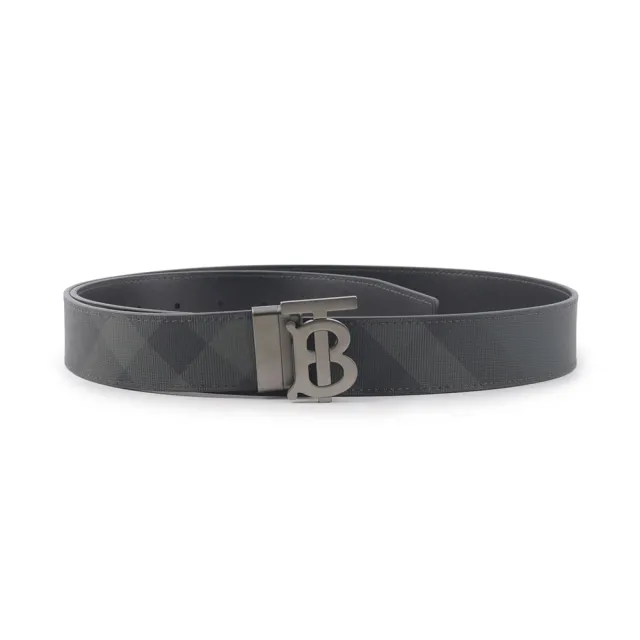 【BURBERRY 巴寶莉】TB Logo 帆布及牛皮寬3.5cm雙面可用皮帶(炭灰/石墨黑)