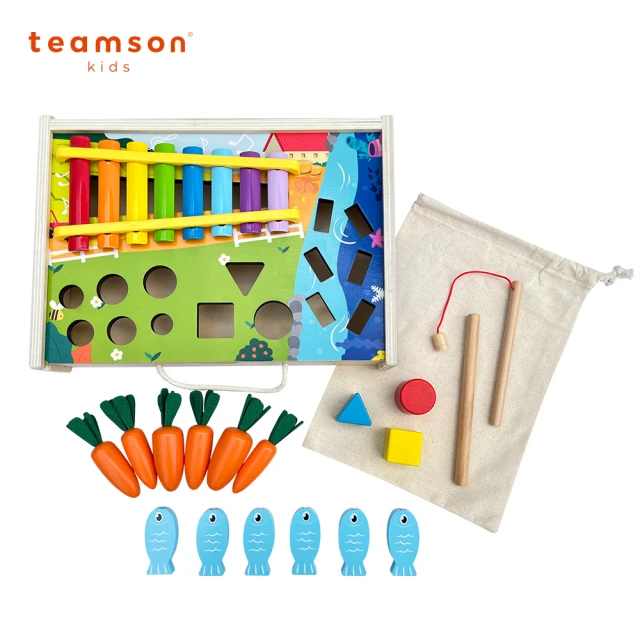 【Teamson】木製釣魚四合一玩具盒組(釣魚、採蘿蔔、鐵琴、積木四合一組)