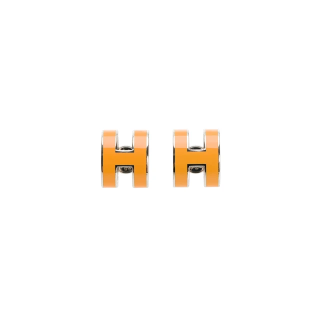 【Hermes 愛馬仕】經典POP H立體簍空橢圓LOGO耳環(淡橘/銀)