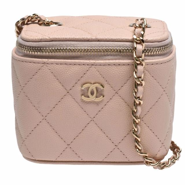 【CHANEL 香奈兒】經典雙C LOGO菱格粒紋牛皮金屬鍊帶斜背化妝包(迷你-粉膚色AP1340C-NUDE-GP)