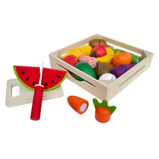 【Teamson】小廚師木盒蔬果刀具砧板切切樂玩具組(多樣水果切切樂組)