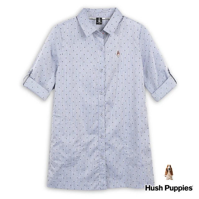 Hush Puppies 女裝 襯衫 細條紋點點七分袖長版襯衫(中藍 / 43212108)