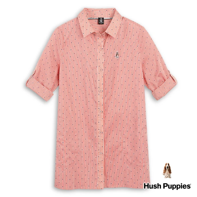 Hush Puppies 女裝 襯衫 細條紋點點七分袖長版襯衫(橘紅 / 43212108)