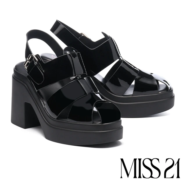 MISS 21MISS 21 微酸率性少女牛漆皮簍空方釦水台高跟涼鞋(黑)