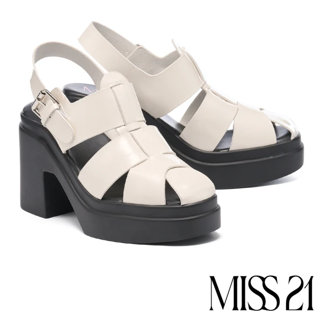 MISS 21MISS 21 微酸率性少女牛漆皮簍空方釦水台高跟涼鞋(米白)