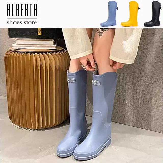 【Alberta】偏小 跟高3cm 統高29cm 時尚雨靴 防水長筒圓頭平底輕便防滑雨鞋高級感高筒通勤水靴3色