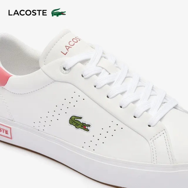 【LACOSTE】女鞋-Powercourt 2.0 撞色皮革休閒鞋(白/粉色)