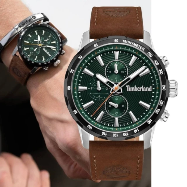 Timberland 天柏嵐 KENNEBUNK系列 肯邦風格多功能腕錶 皮帶-綠色/棕色46mm(TDWGF0041540)