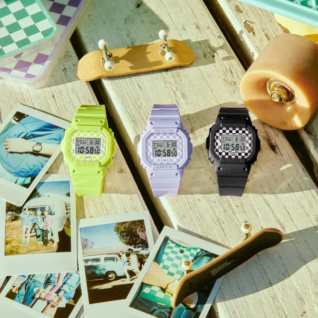 【CASIO 卡西歐】滑板文化格子旗圖案時方形時尚腕錶 薰衣草紫 37.9mm(BGD-565GS-6)