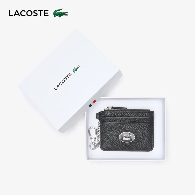 【LACOSTE】配件-掛鉤皮革卡片套零錢包(黑色)