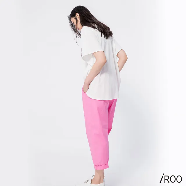 【iROO】粉色棉料縮口寬褲