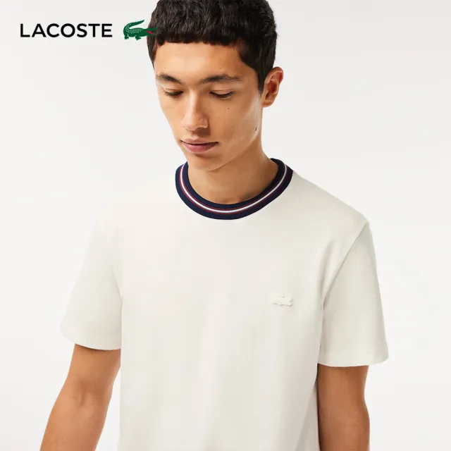 【LACOSTE】男裝-配色皮克領T恤(米白色)