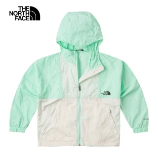 【The North Face 官方旗艦】北面兒童綠白拼接UPF防曬彈力袖口休閒連帽外套｜8998XOE(抗UV)