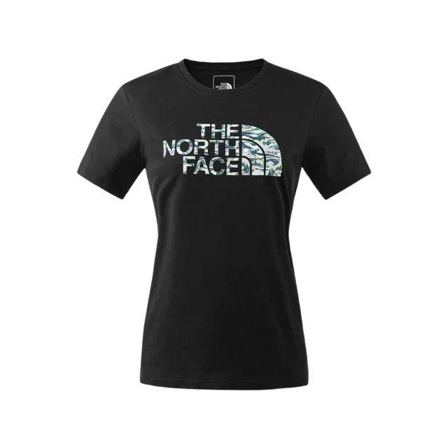 【The North Face 官方旗艦】北面女款黑色吸濕排汗山川手繪圖案休閒短袖T恤｜88GZJK3