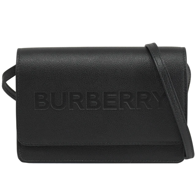 BURBERRY 巴寶莉 經典烙印LOGO小牛皮翻蓋方包斜背包(黑)