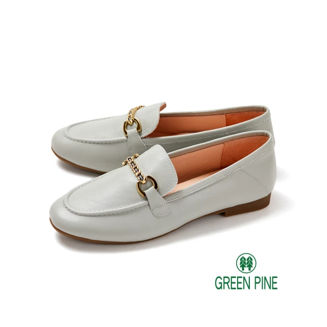 GREEN PINE 簡約鎖鏈真皮平底靜音樂福鞋灰藍色(00311510)